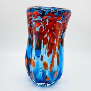 Hand Blown Thick Heavy Art Glass Blue and Coral Bright Colors Unmarked Vase 6.75
